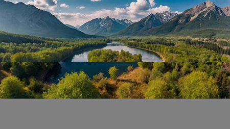 Panoramic view of the lake and mountains in the Altai Republic.