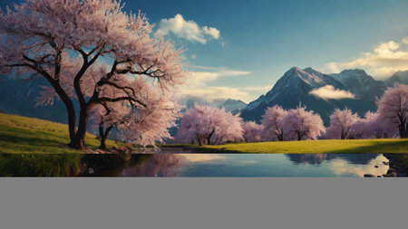 Beautiful spring landscape with cherry blossom trees and mountains in backgroundの写真素材