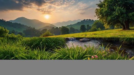 Beautiful summer landscape with mountain river and green meadow at sunsetの写真素材