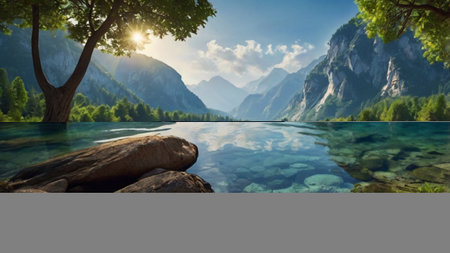 Beautiful mountain lake with clear water and big tree in the foregroundの写真素材