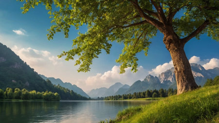 Beautiful summer landscape with a lake in the mountains and a treeの写真素材