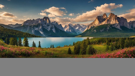 Panoramic view of Lake Misurina in Dolomites, Italyの写真素材