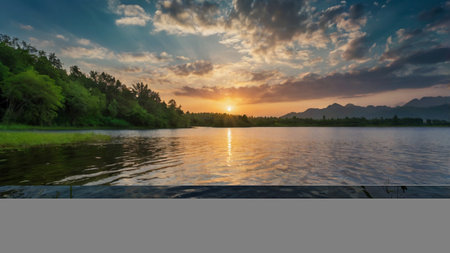 Beautiful sunset over the lake. Landscape of nature at sunset.の写真素材