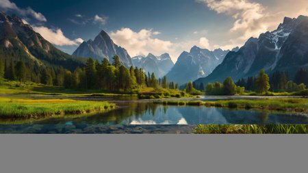 Fantastic summer landscape with mountain lake. Dramatic overcast sky. Beauty world.の写真素材