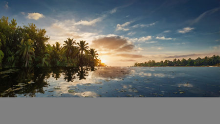 Beautiful sunset over the lagoon with palm trees in the foregroundの写真素材
