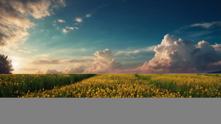 Sunset over a field of yellow flowers with clouds in the skyの写真素材