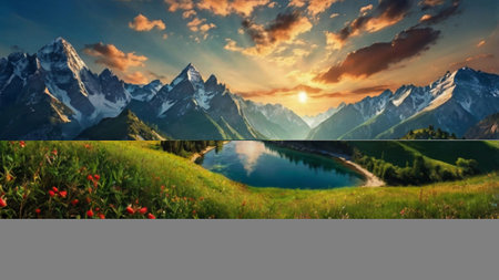 Mountain landscape at sunset. Panorama of a mountain lake.