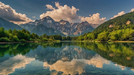 panoramic view of alpine lake with reflection of mountains in water