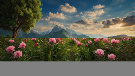 Beautiful summer landscape with pink flowers and mountains in the background.
