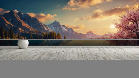 Wooden terrace with lake and mountains in the background. 3d rendering