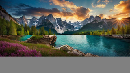 Fantastic summer landscape. Mountain lake in the mountains at sunrise.