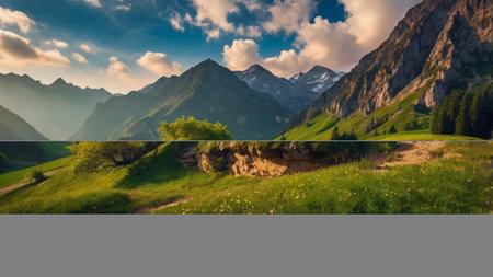 Panoramic view of alpine meadows and mountains at sunset