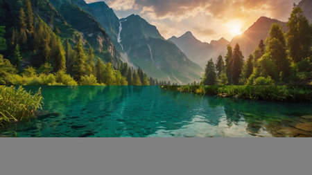 Beautiful alpine lake and mountains at sunset. Landscape with mountain lake.