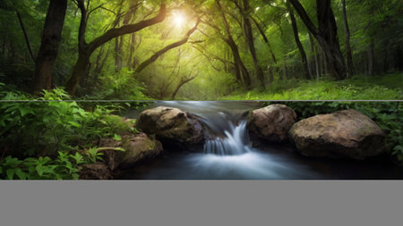 Waterfall in green forest. Panoramic view of a waterfall in the forest.
