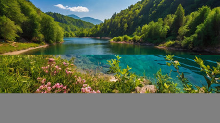 Panoramic view of the mountain lake in the Carpathian mountains