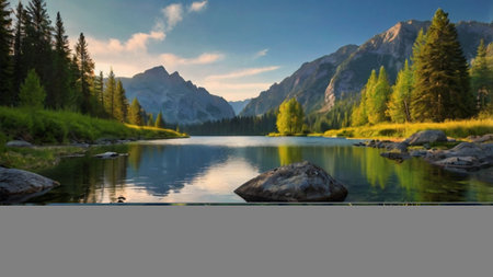 Panoramic view of mountain lake in Dolomites, Italy