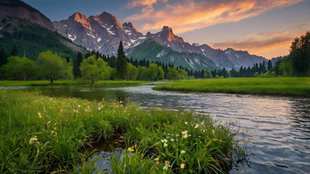 Panoramic view of the alpine lake at sunset, Dolomites, Italyの写真素材