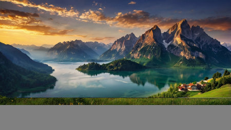 Panoramic view of alpine lake and village at sunset. Beautiful summer landscape.の写真素材