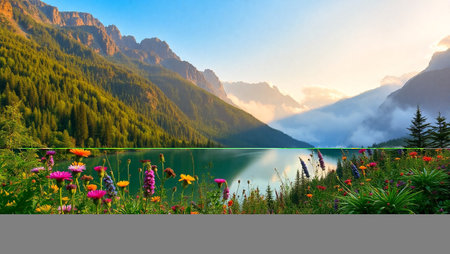 Beautiful summer alpine landscape with mountain lake and flowers.