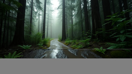 Redwood forest in the morning with fog, California, USA.の写真素材