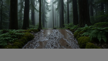 Foggy forest with dark tree trunks and mossy groundの写真素材