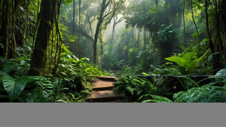 Hiking trail in the rainforest of Sri Lanka. Panorama