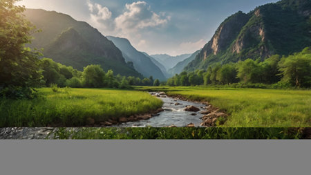 Panoramic view of the river in the mountains at sunset. Beautiful summer landscape.の写真素材
