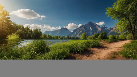 Beautiful summer landscape with lake, mountains and forest. Panorama