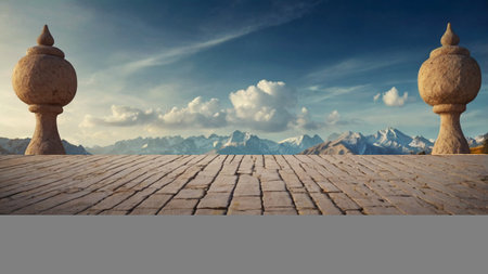 Paving stones and mountains in the background. Panoramic view.の写真素材