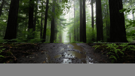 Rainy day in the forest with wet asphalt road and green trees