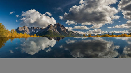 Mountains reflected in the water of the lake. Autumn landscape.
