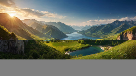 Panoramic view of the lake and mountains at sunset. Switzerlandの写真素材