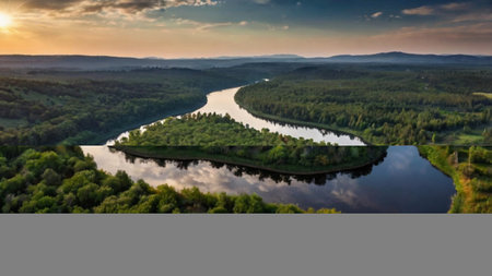 Aerial view of river and forest at sunset. Beautiful summer landscape with river.の写真素材