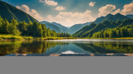Beautiful summer landscape with mountain lake and blue sky with clouds.の写真素材