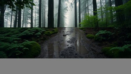 Dark forest with fog and puddles, 3d render.の写真素材
