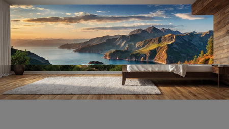 interior with mountain view, 3d render and computer generated image