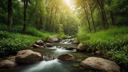 mountain river flowing through the green forest with stones and green grassの写真素材