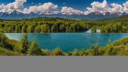 Panoramic view of turquoise colored lake and mountains in the backgroundの写真素材
