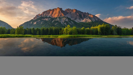 Panoramic view of a mountain lake at sunset. Summer landscape.