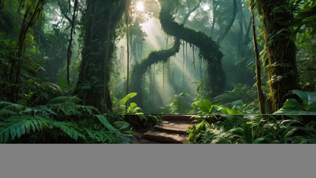 Beautiful tropical rainforest with sunlight and fog in the morning.