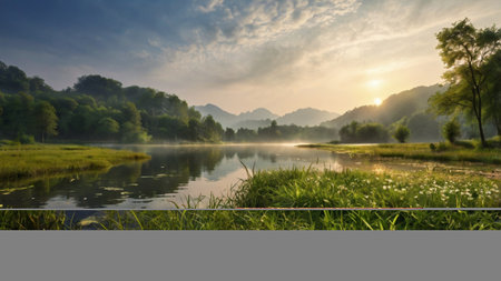 Beautiful landscape of the lake and mountains with fog in the morningの写真素材