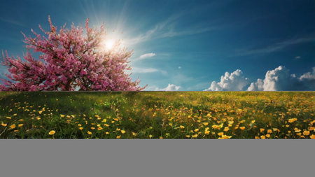 Spring landscape with blooming tree and dandelions. Nature background.の写真素材