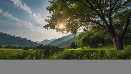 Landscape of rice field and tree in the morning with sunlight.の写真素材
