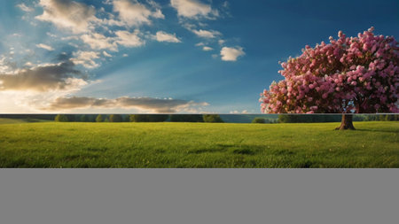 Beautiful spring landscape with blooming tree and green meadow.の写真素材