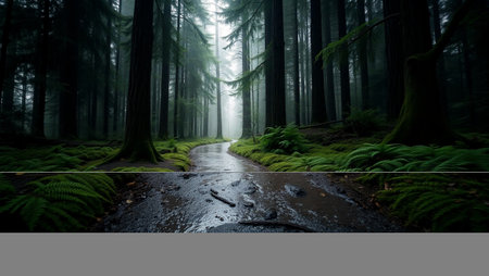 Beautiful redwood forest with fog in the morning, California, USAの写真素材