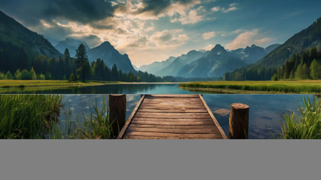 Wooden pier on the lake in mountains. Landscape with lake and mountains