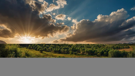 Dramatic sunset over green meadow and forest. Nature composition.の写真素材