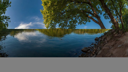 Reflection of trees in the water. Panoramic view.