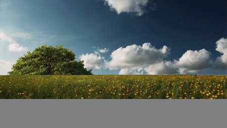 Lonely tree on a meadow with yellow flowers in summerの写真素材