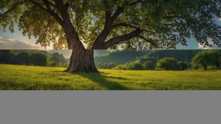 Beautiful summer landscape with big tree and green meadow at sunsetの写真素材